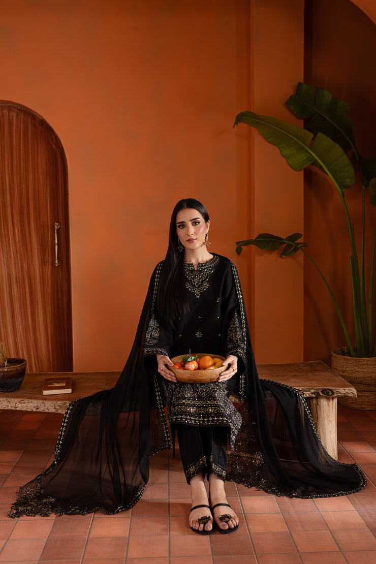 Black Magisk 3Pc - Embroidered Khaddar Dress