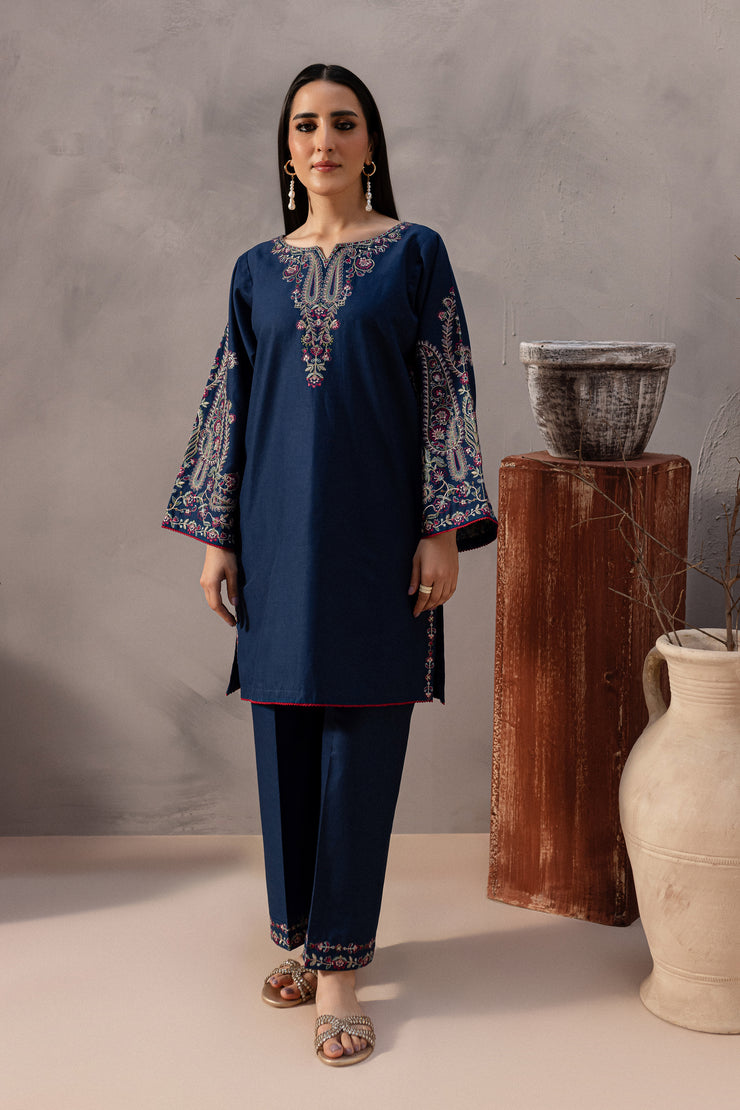 Ebony Blue 2Pc - Embroidered Khaddar Dress