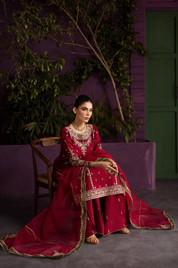 Laal 3Pc - Embroidered Solid Dress