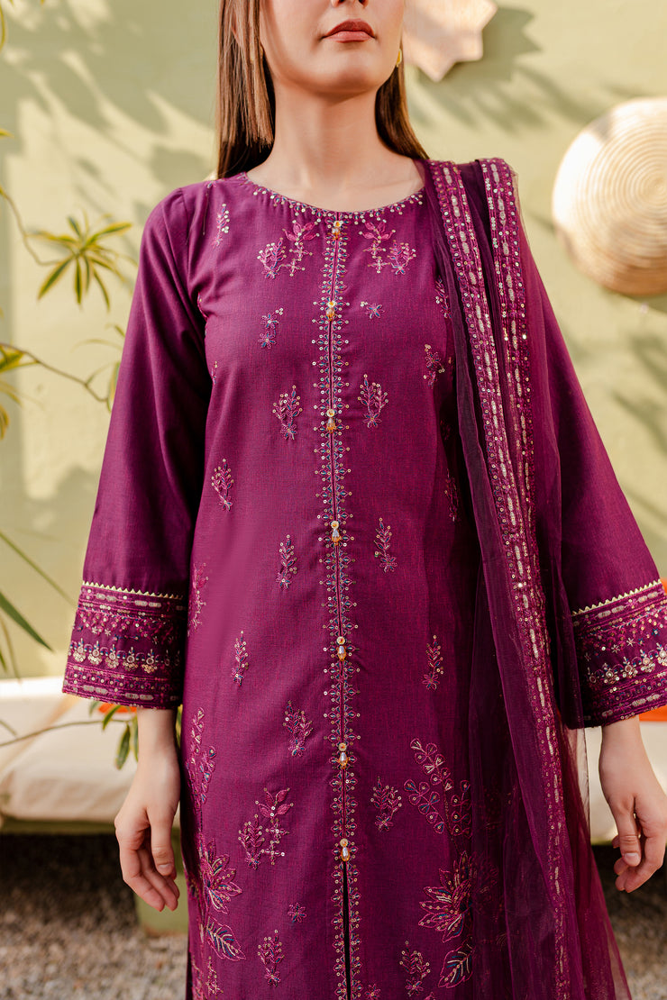 Plum 3Pc - Embroidered Karandi Dress