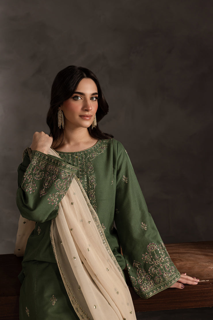 Sage Stone 3Pc - Embroidered Khaddar Dress