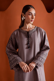 Embroidered grey khaddar shirt with cross stitch motifs and fringed sleeves for an elegant finish. Ready to wear Pakistani South Asian