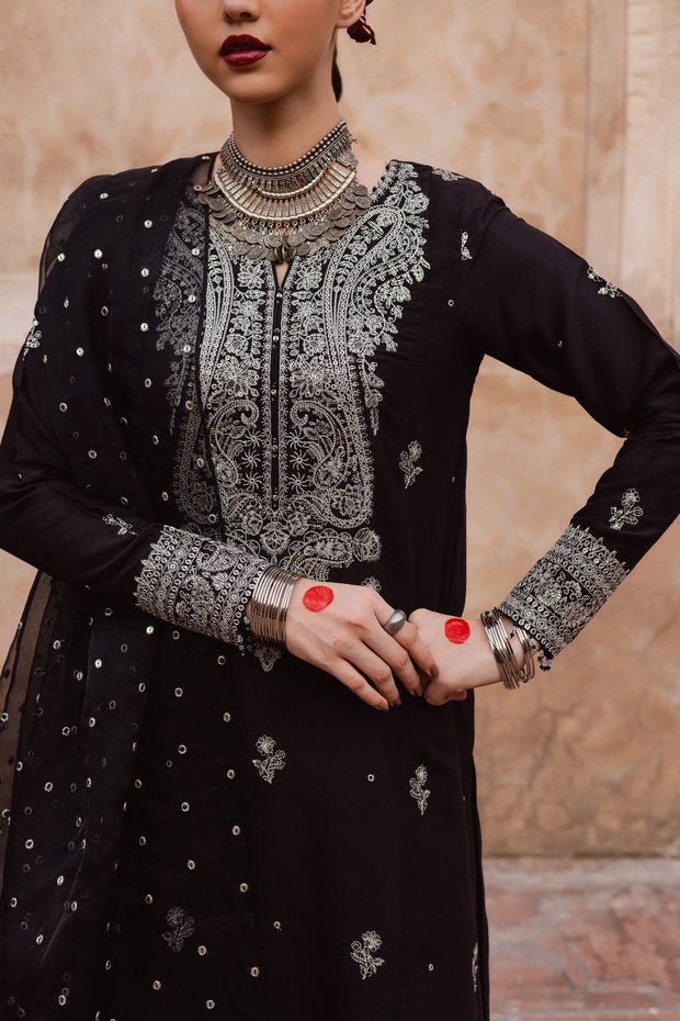 Arbish black raw silk three piece ensemble designed for elegant festive gatherings. Festive luxury Pakistani South Asian