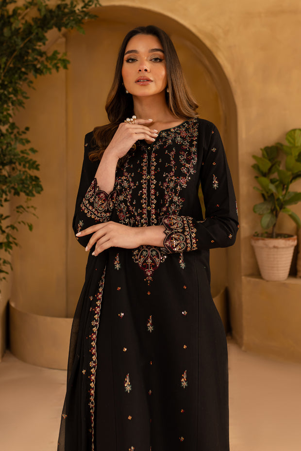 Black Wine 3Pc - Embroidered Khaddar Dress