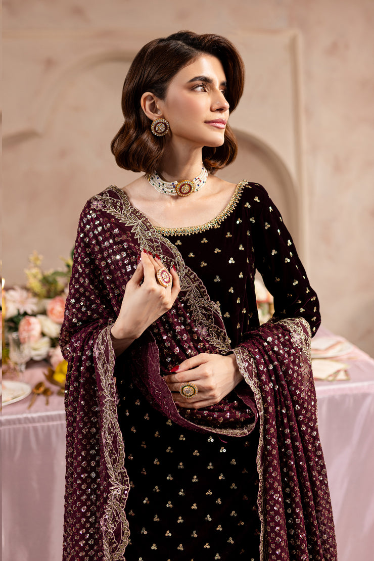 V. Maroon Amani 3Pc - Embroidered Luxe PRET