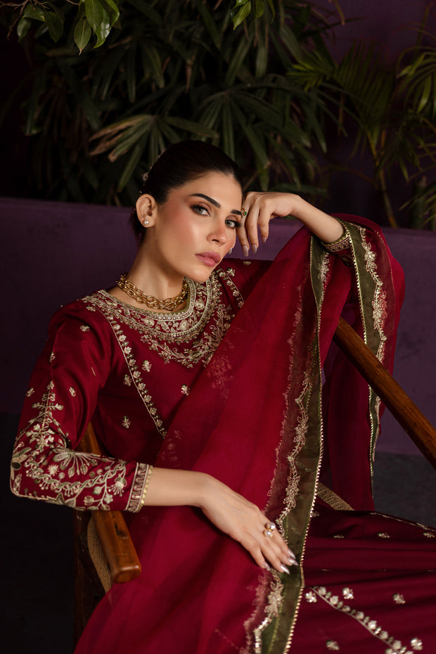 Laal 3Pc - Embroidered Solid Dress