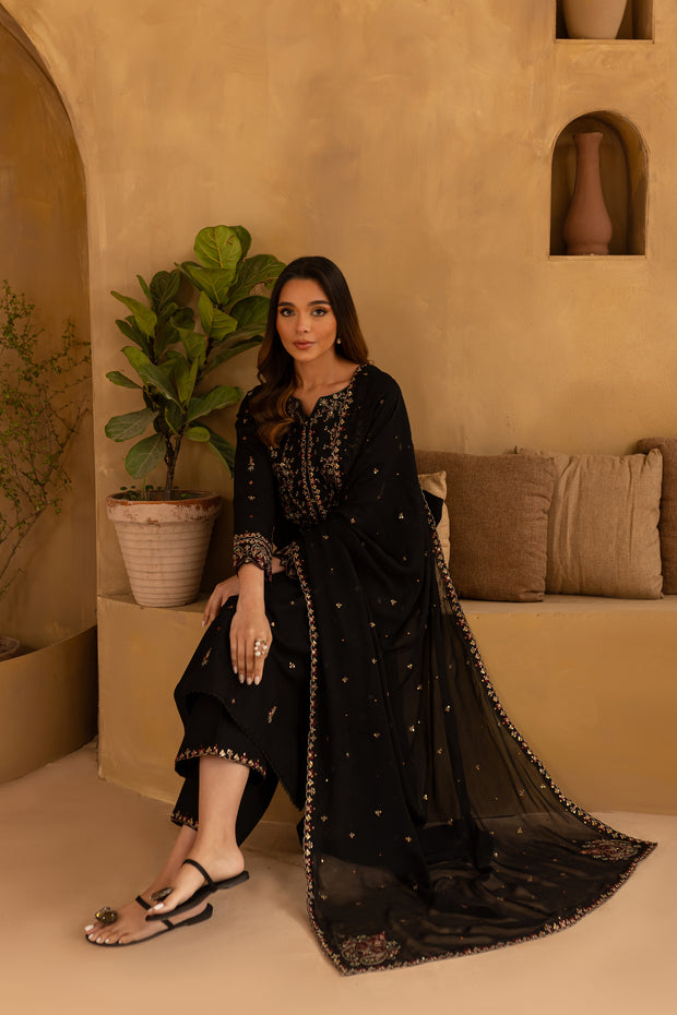 Black Wine 3Pc - Embroidered Khaddar Dress