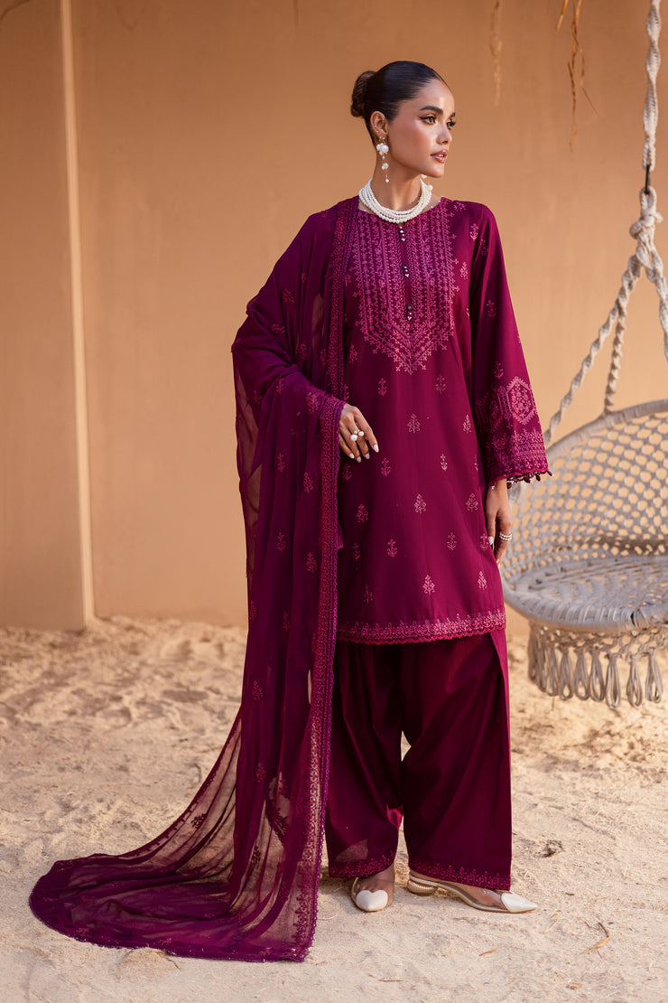 Maroon Henna 3Pc - Embroidered Khaddar Dress