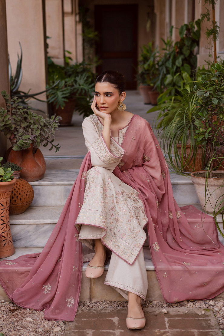 Khaddar ensemble with embroidered culottes and intricately detailed crinkle dupatta. Ready to wear Pakistani South Asian.