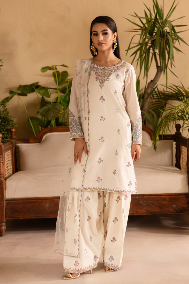 White Dove 3Pc - Embroidered Solid Dress