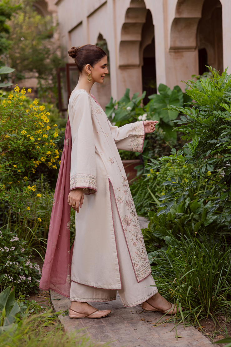 Embroidered khaddar shirt with matching culottes and graceful pink dupatta. Ready to wear Pakistani South Asian.