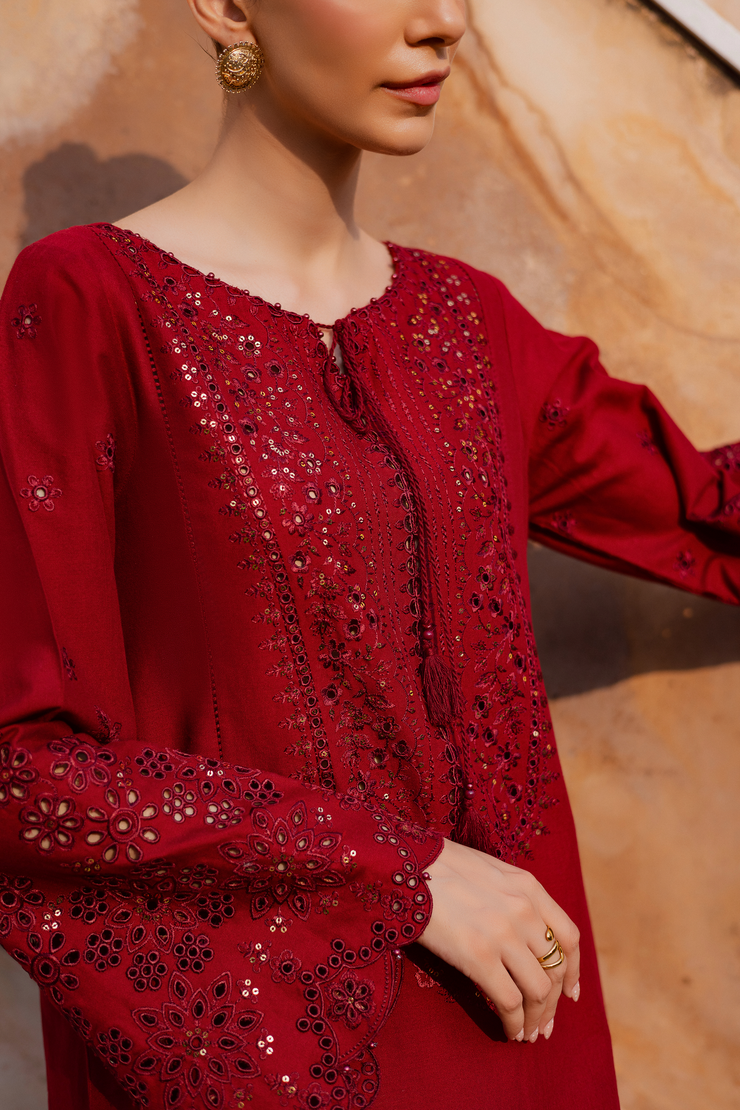 Khaddar outfit in rich red tones highlighting detailed embroidery and tassel accents. Ready to wear Pakistani South Asian.
