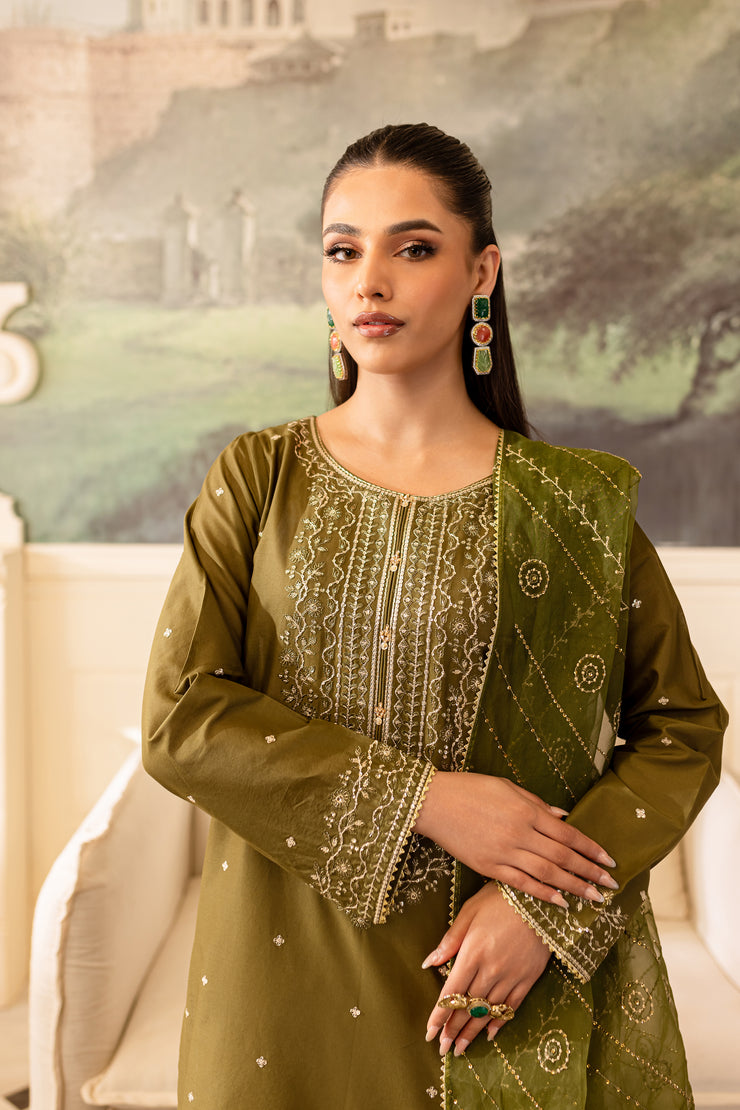 Green Gold 3Pc - Embroidered Lawn Dress