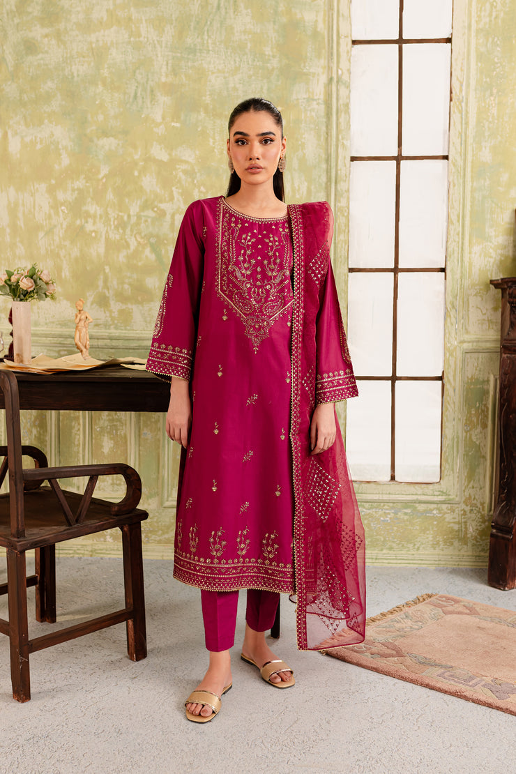 Pink Pine 3Pc - Embroidered Lawn Dress