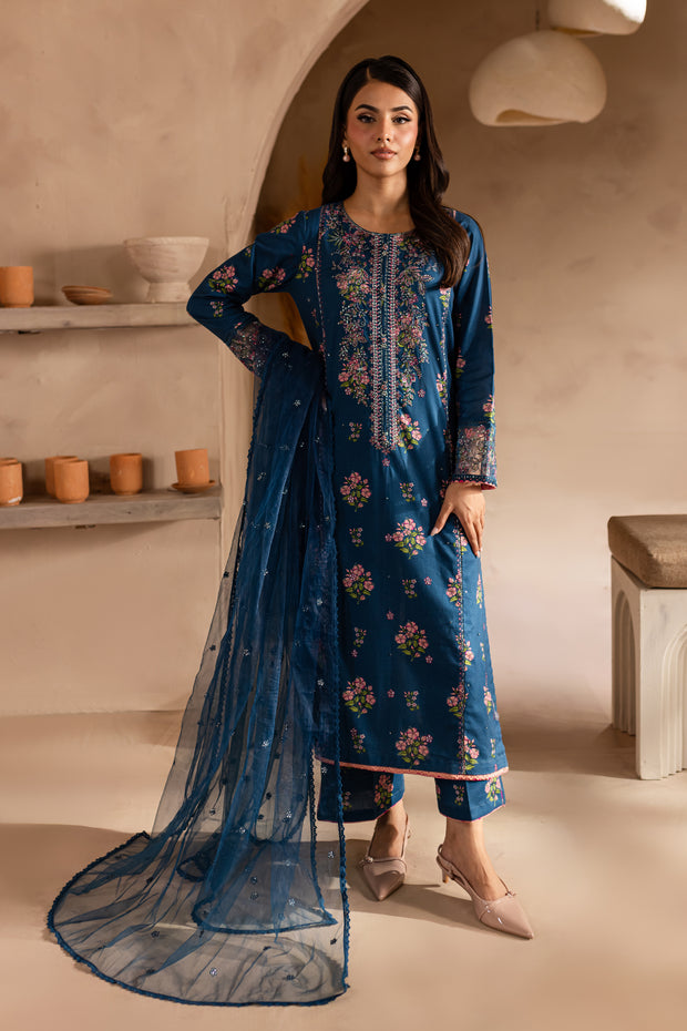 Zhenya Teal 3Pc - Printed Khaddar Dress