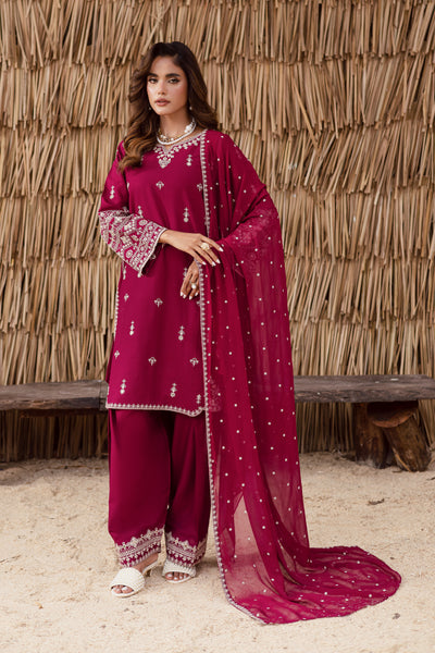Burgundy embroidered khaddar three piece Pakistani suit with detailed sleeves and neckline festive ethnic outfit UK affordable and fast delivery