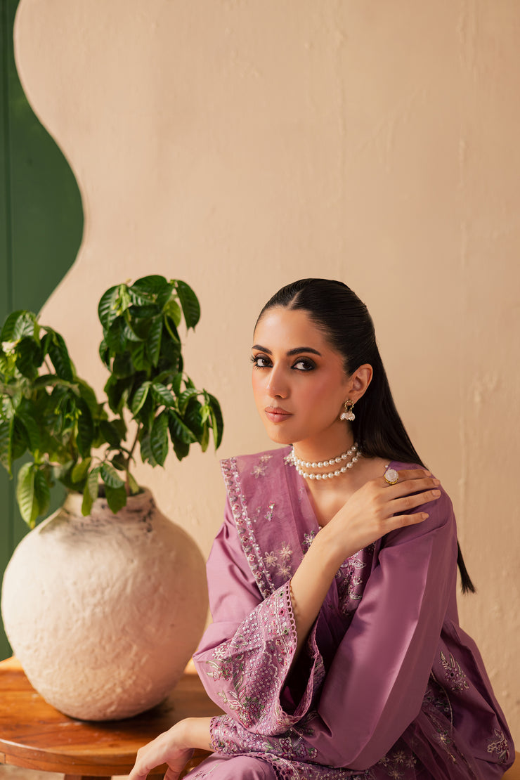 Lilac Glam 3Pc - Embroidered Solid Dress