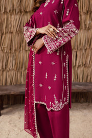Burgundy embroidered khaddar three piece Pakistani suit with chiffon dupatta elegant ethnic festive outfit Batik UK affordable and fast delivery heavy embroidery sleeves