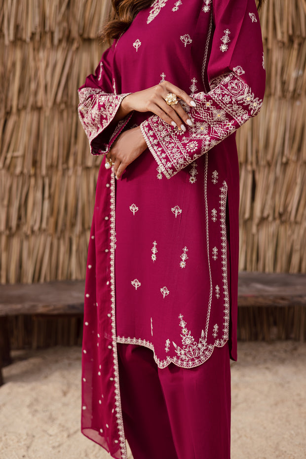 Burgundy embroidered khaddar three piece Pakistani suit with chiffon dupatta elegant ethnic festive outfit Batik UK affordable and fast delivery heavy embroidery sleeves