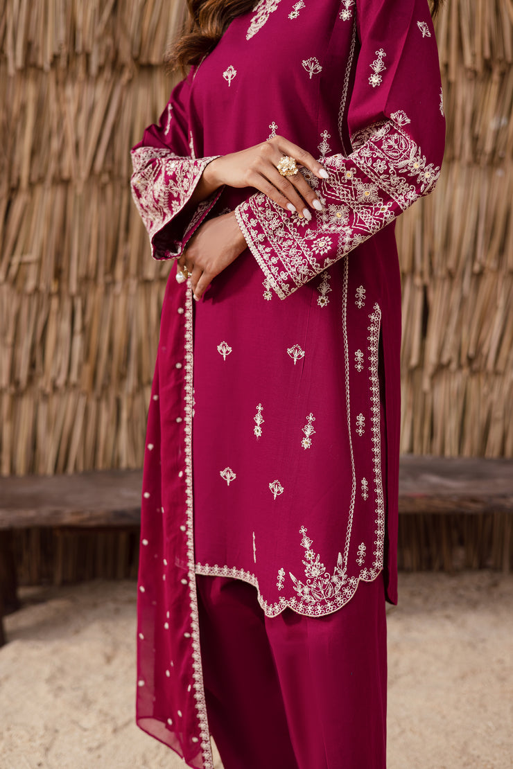 Burgundy embroidered khaddar three piece Pakistani suit with chiffon dupatta elegant ethnic festive outfit Batik UK affordable and fast delivery heavy embroidery sleeves