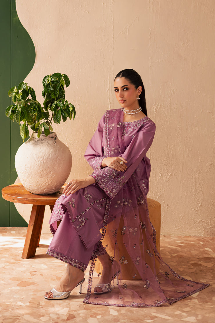 Lilac Glam 3Pc - Embroidered Solid Dress