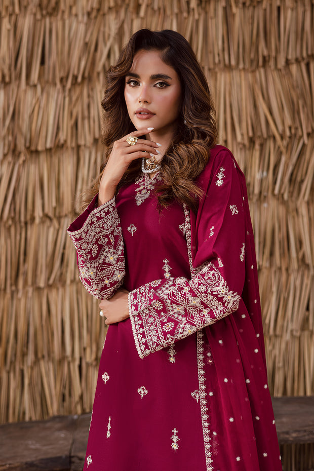 Burgundy khaddar long shirt with intricate embroidery perfect for festive and formal gatherings Pakistani outfit UK