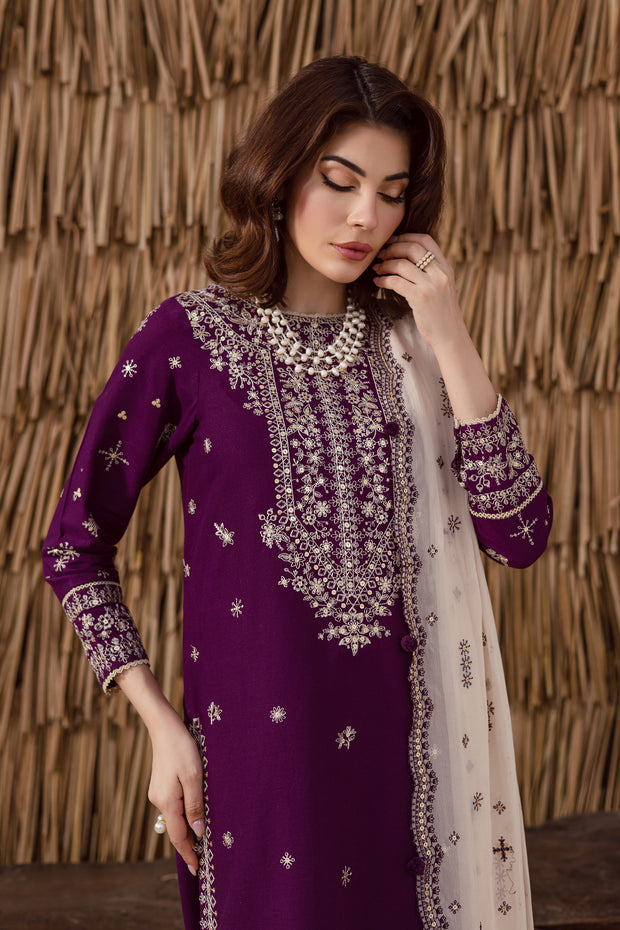 Heavy embroidered purple khaddar long shirt with fitted sleeves elegant South Asian ready to wear Pakistani outfit UK