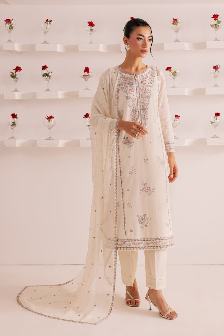 Off White Flower 3Pc - Embroidered Casual Pret