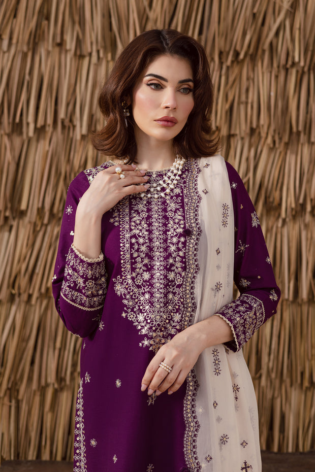 Purple khaddar shirt with geometric embroidery and lace hem festive ethnic Pakistani clothing for women UK