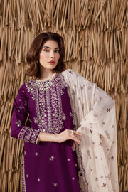 Purple festive khaddar outfit for women embroidered three piece Pakistani suit UK affordable ready to wear
