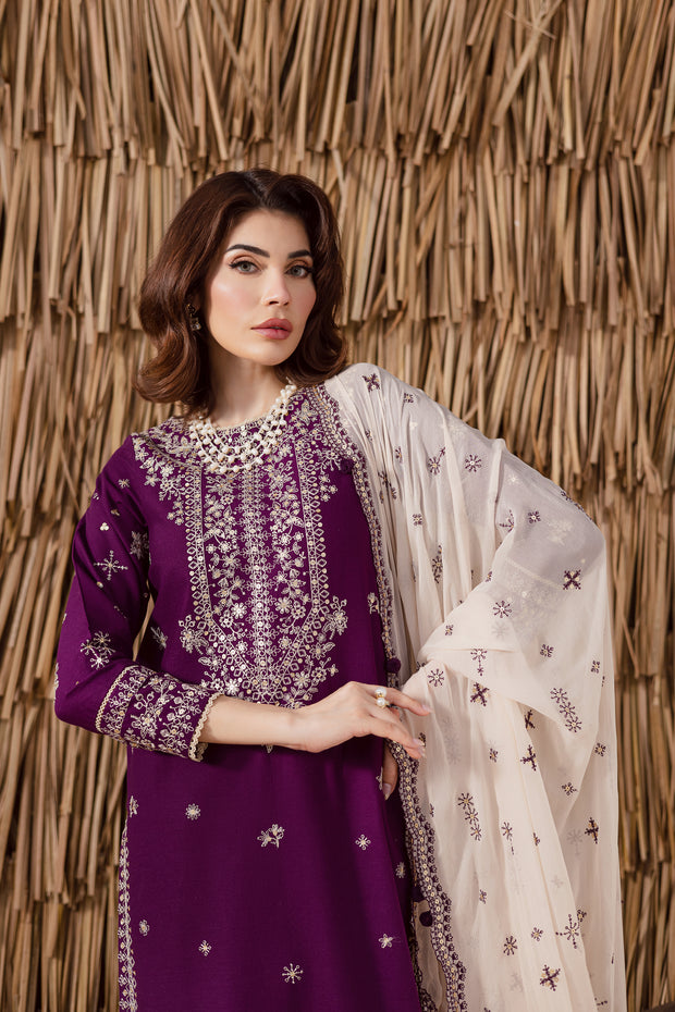 Purple festive khaddar outfit for women embroidered three piece Pakistani suit UK affordable ready to wear
