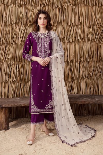 Purple embroidered khaddar three piece Pakistani suit with gold sequins and lace finishing ethnic festive outfit UK affordable and fast delivery