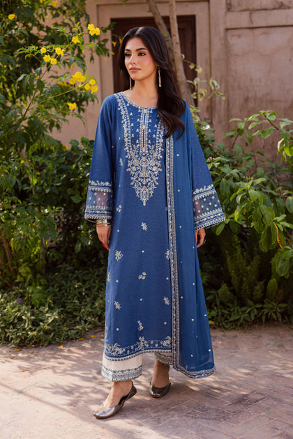 Blue Mahra 3Pc - Embroidered Karandi Dress