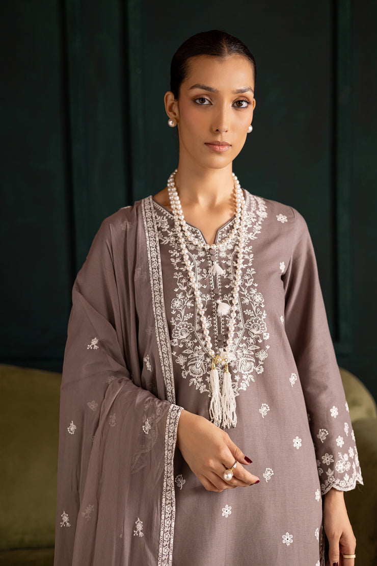 Grey 3Pc - Embroidered Khaddar Dress