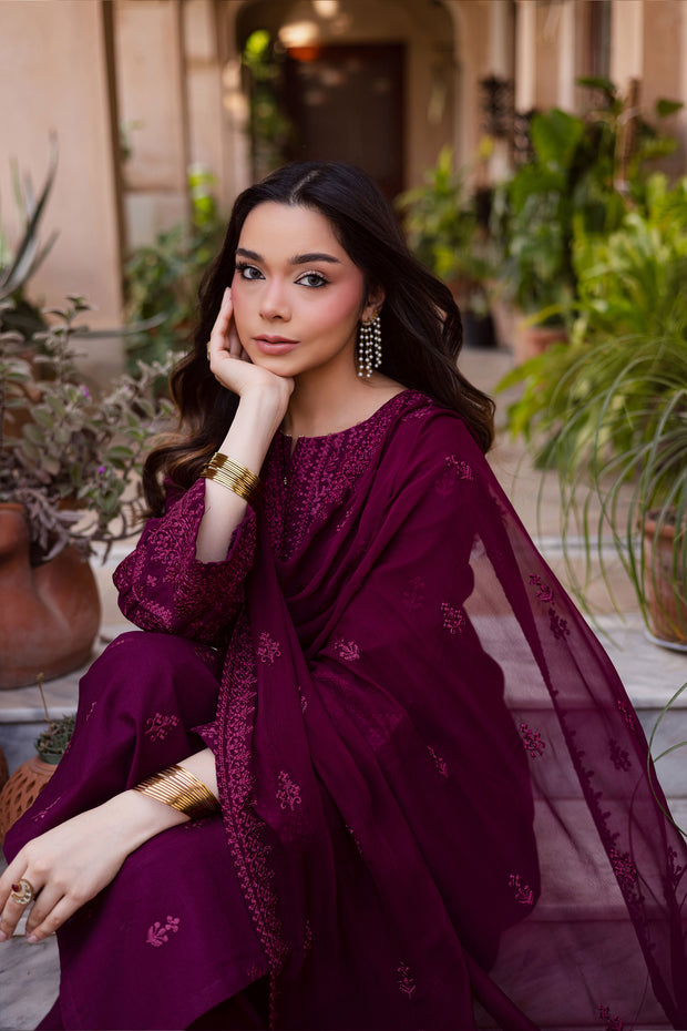 Hezlin 3Pc - Embroidered Khaddar Dress