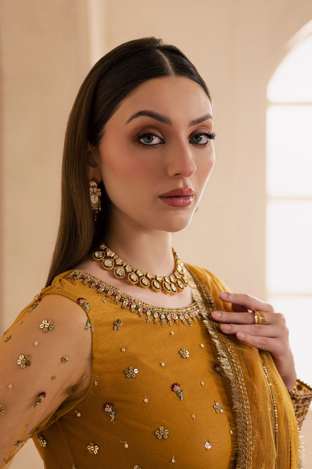 Noura 3Pc - Embroidered Luxe Pret BATIKLuxePRET2025  BATIK   S / Mustard / Net & Raw Silk-M / Mustard / Net & Raw Silk-L / Mustard / Net & Raw Silk