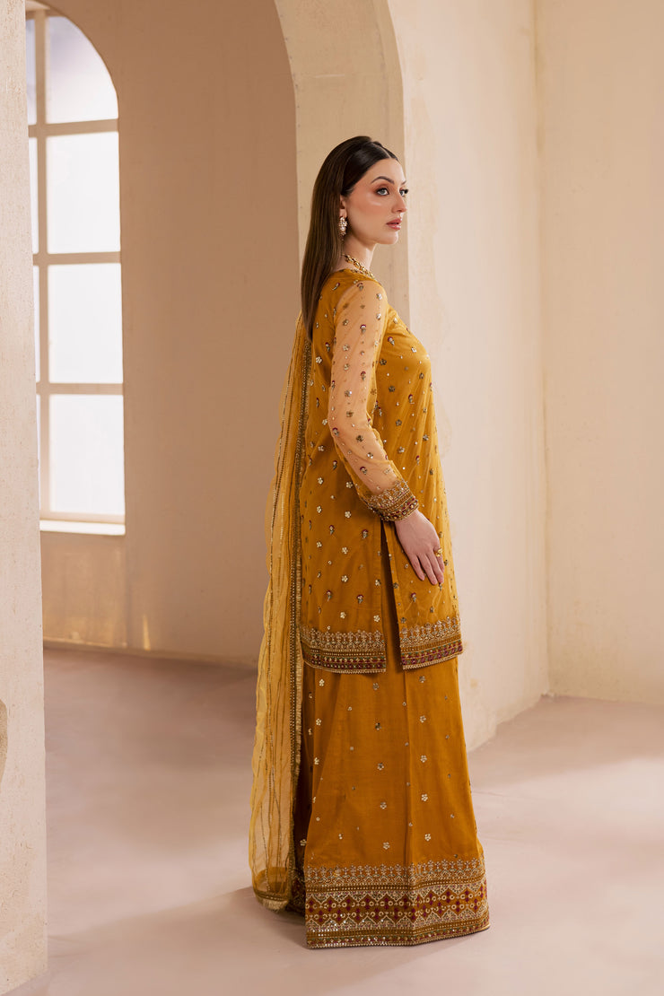 Noura 3Pc - Embroidered Luxe Pret BATIKLuxePRET2025  BATIK   S / Mustard / Net & Raw Silk-M / Mustard / Net & Raw Silk-L / Mustard / Net & Raw Silk
