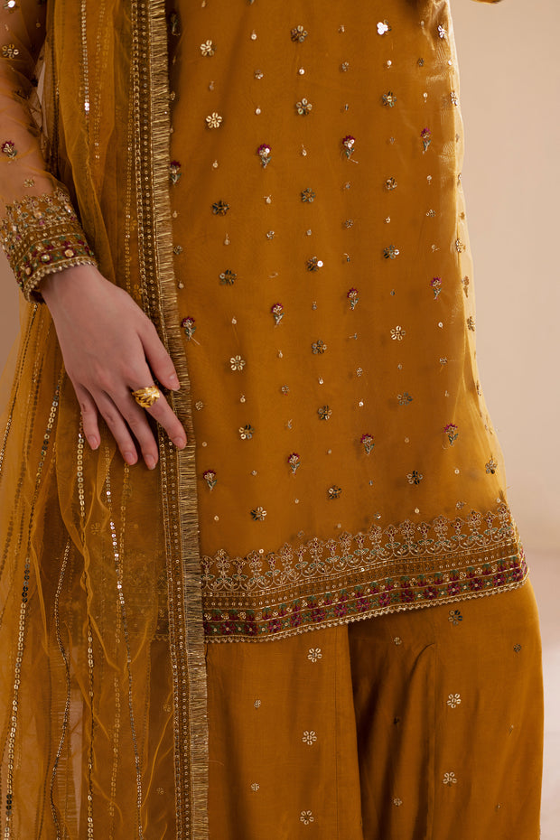 Noura 3Pc - Embroidered Luxe Pret BATIKLuxePRET2025  BATIK   S / Mustard / Net & Raw Silk-M / Mustard / Net & Raw Silk-L / Mustard / Net & Raw Silk