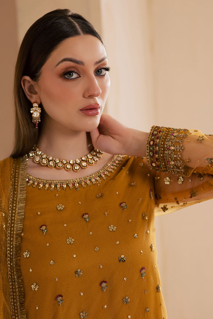 Noura 3Pc - Embroidered Luxe Pret BATIKLuxePRET2025  BATIK   S / Mustard / Net & Raw Silk-M / Mustard / Net & Raw Silk-L / Mustard / Net & Raw Silk