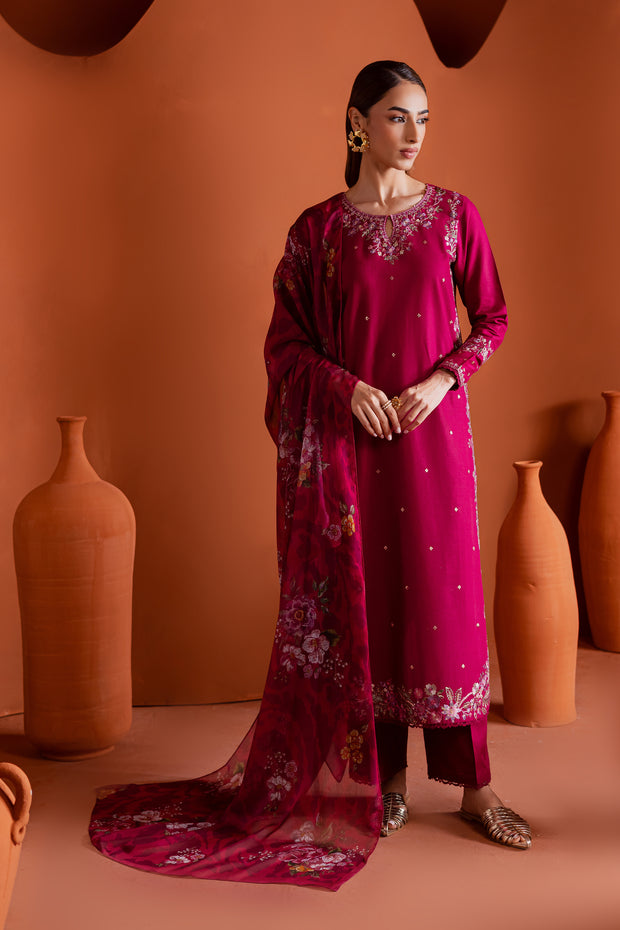 Pink Inizio 3Pc - Embroidered Khaddar Dress
