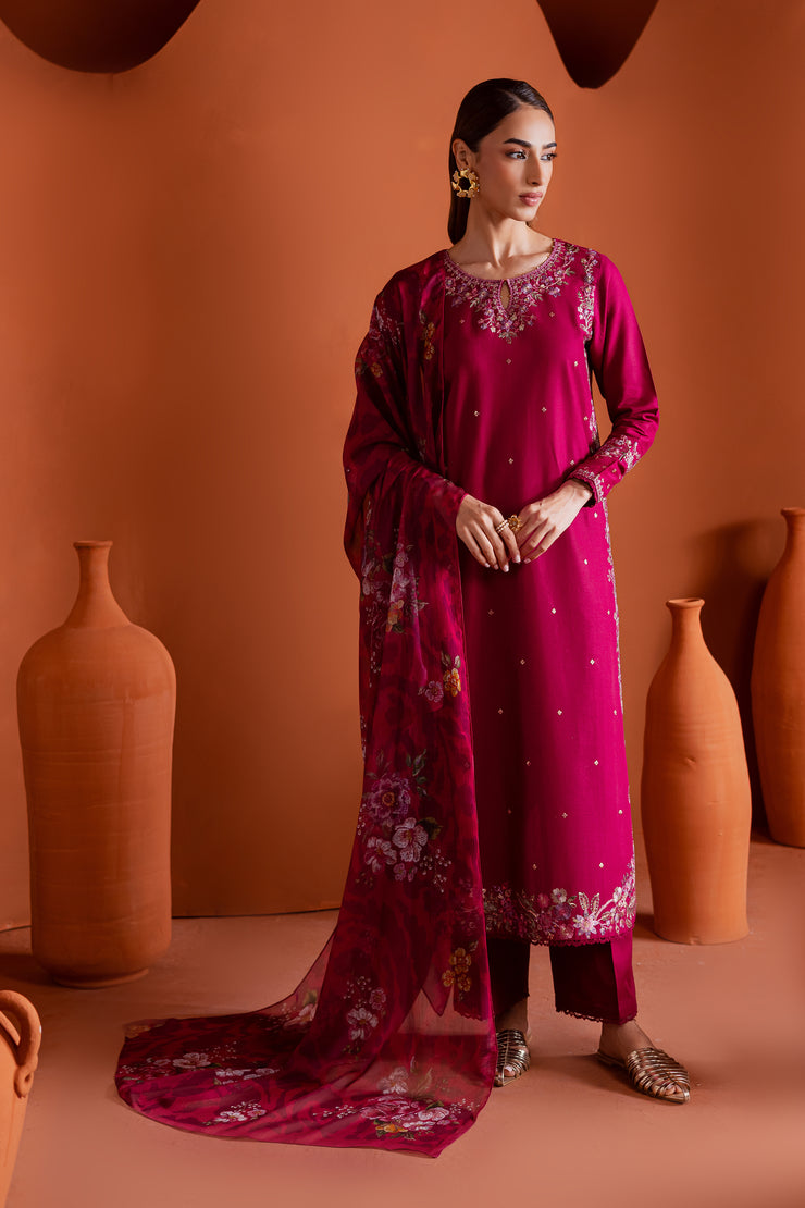 Pink Inizio 3Pc - Embroidered Khaddar Dress