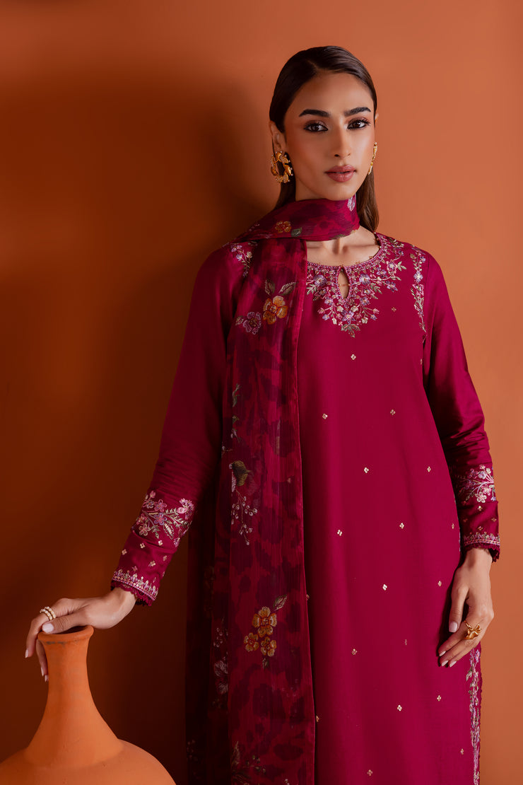 Pink Inizio 3Pc - Embroidered Khaddar Dress