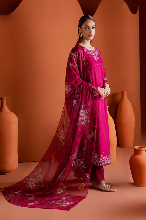 Pink Inizio 3Pc - Embroidered Khaddar Dress