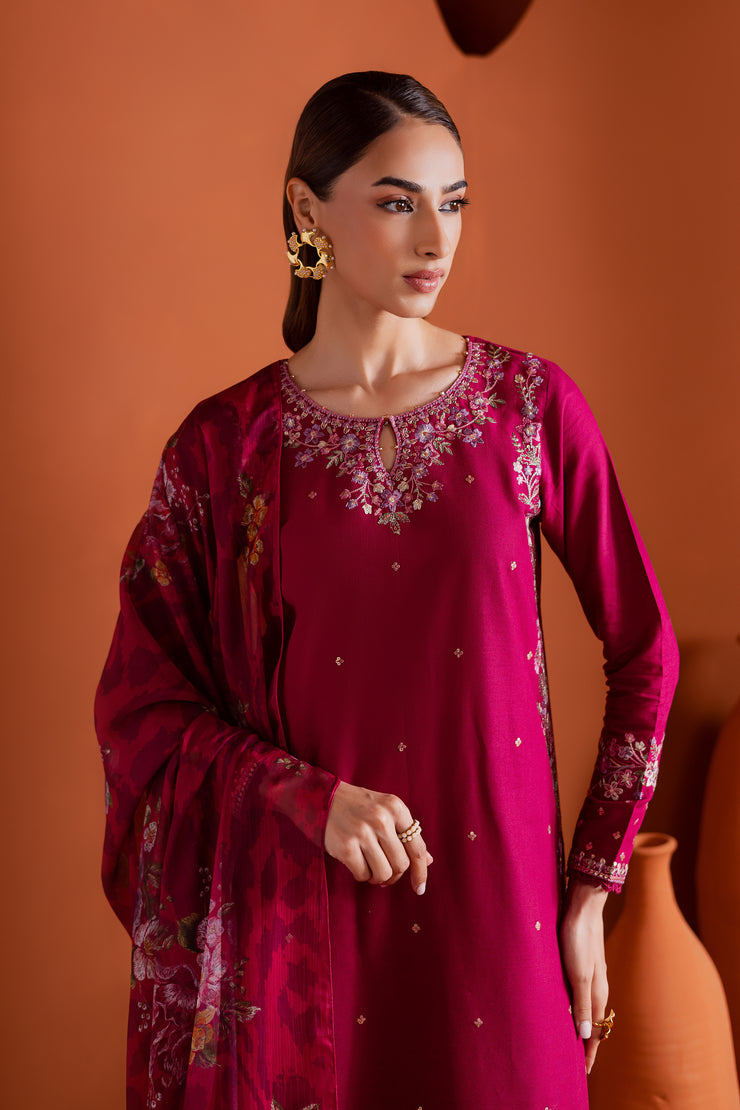Pink Inizio 3Pc - Embroidered Khaddar Dress
