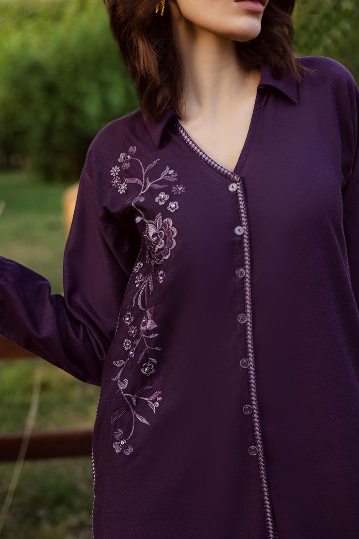 Purple Linen 2Pc - Embroidered Karandi Dress
