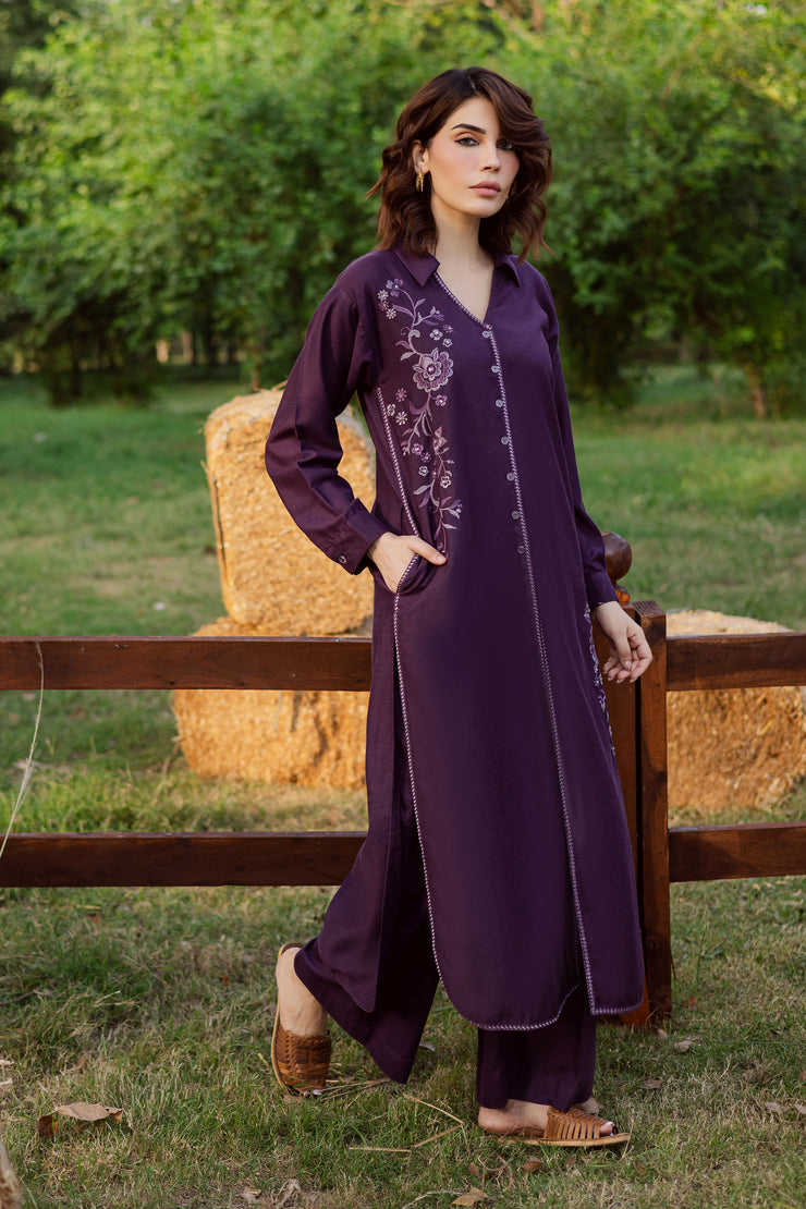 Purple Linen 2Pc - Embroidered Karandi Dress