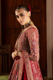 red gold embroidery Side angle capturing Azrina’s detailed dupatta borders and matching pearl-embellished pouch. Bridal luxury Pakistani South Asian India desi