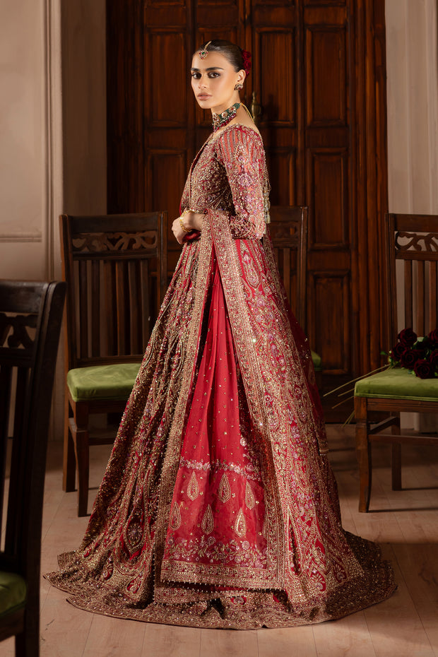 Side angle capturing Azrina’s detailed dupatta borders and matching pearl-embellished pouch potli bag Bridal luxury Pakistani South Asian India