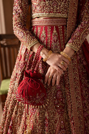 Close-up of Azrina adorned with naqshi, kora, dabka, and crystal embellishments that reflect artisanal mastery. Bridal luxury Pakistani South Asian Indian choli lehenga