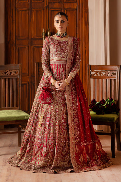 Azrina bridal lehnga choli with embroidered pouch, crafted in organza and Korean raw silk with exquisite hand embellishments. Bridal luxury Pakistani South Asian Indian.